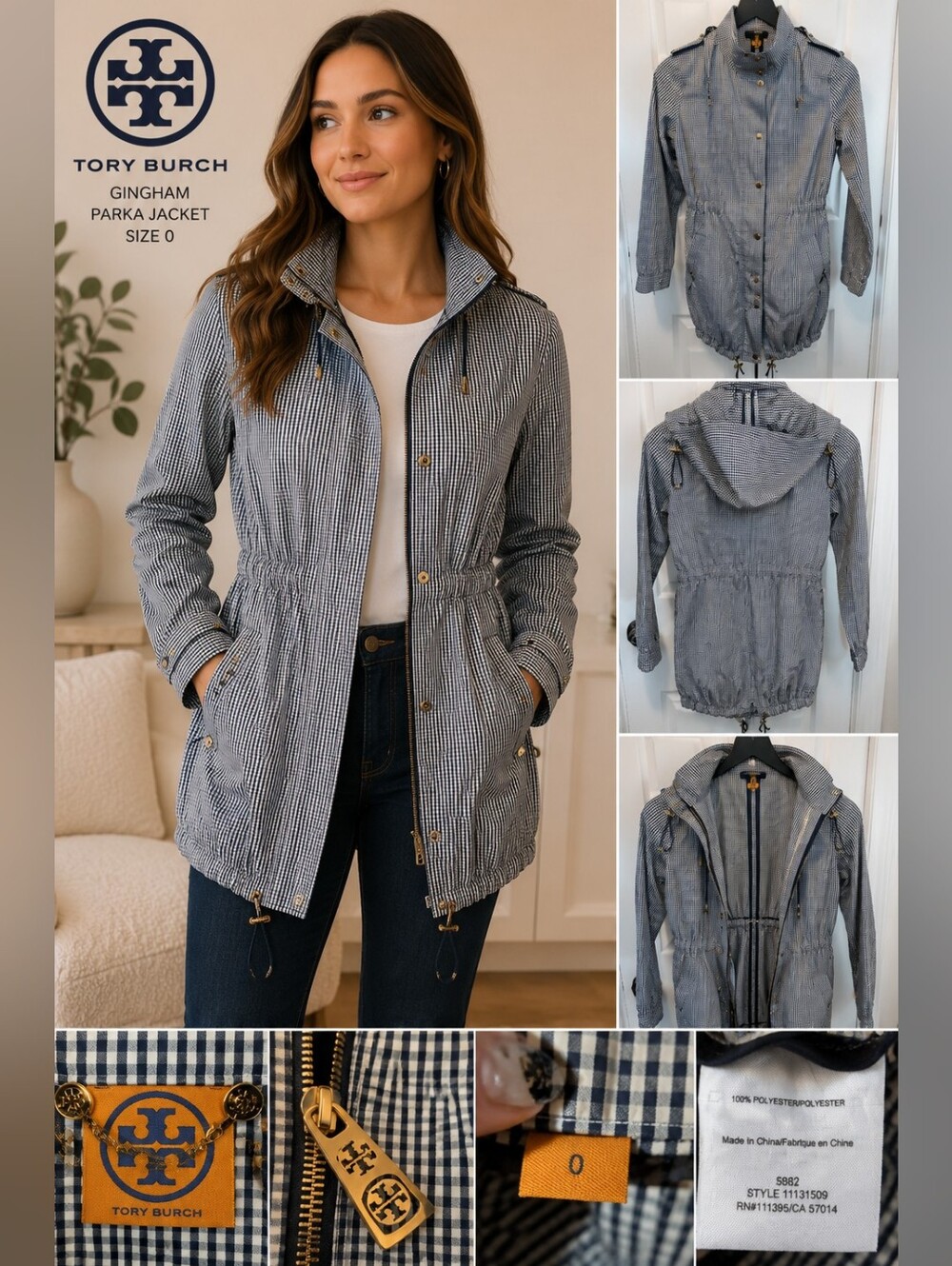 Tory Burch Navy Gingham Hooded Anorak Parka Jacket Gold Hardware Size 0